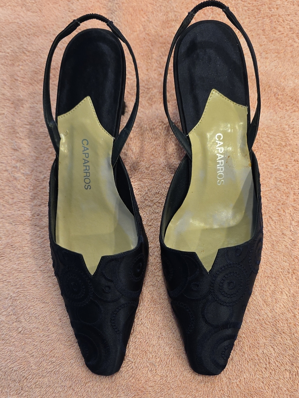 Caparros Navy Blue Embroaded Sling Back Pumps.